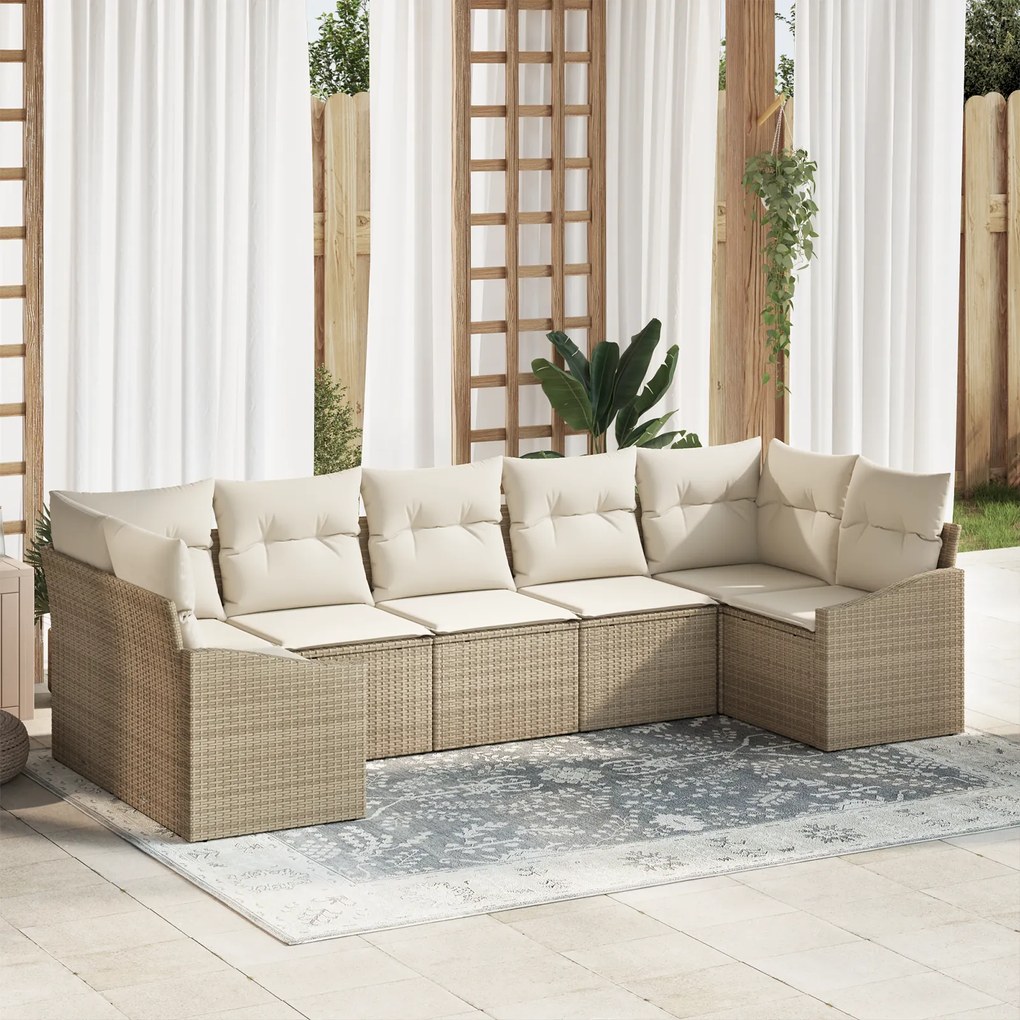 Conjunto de Jantar de Jardim de 7 Peças com Almofadas Bege em Rattan S
