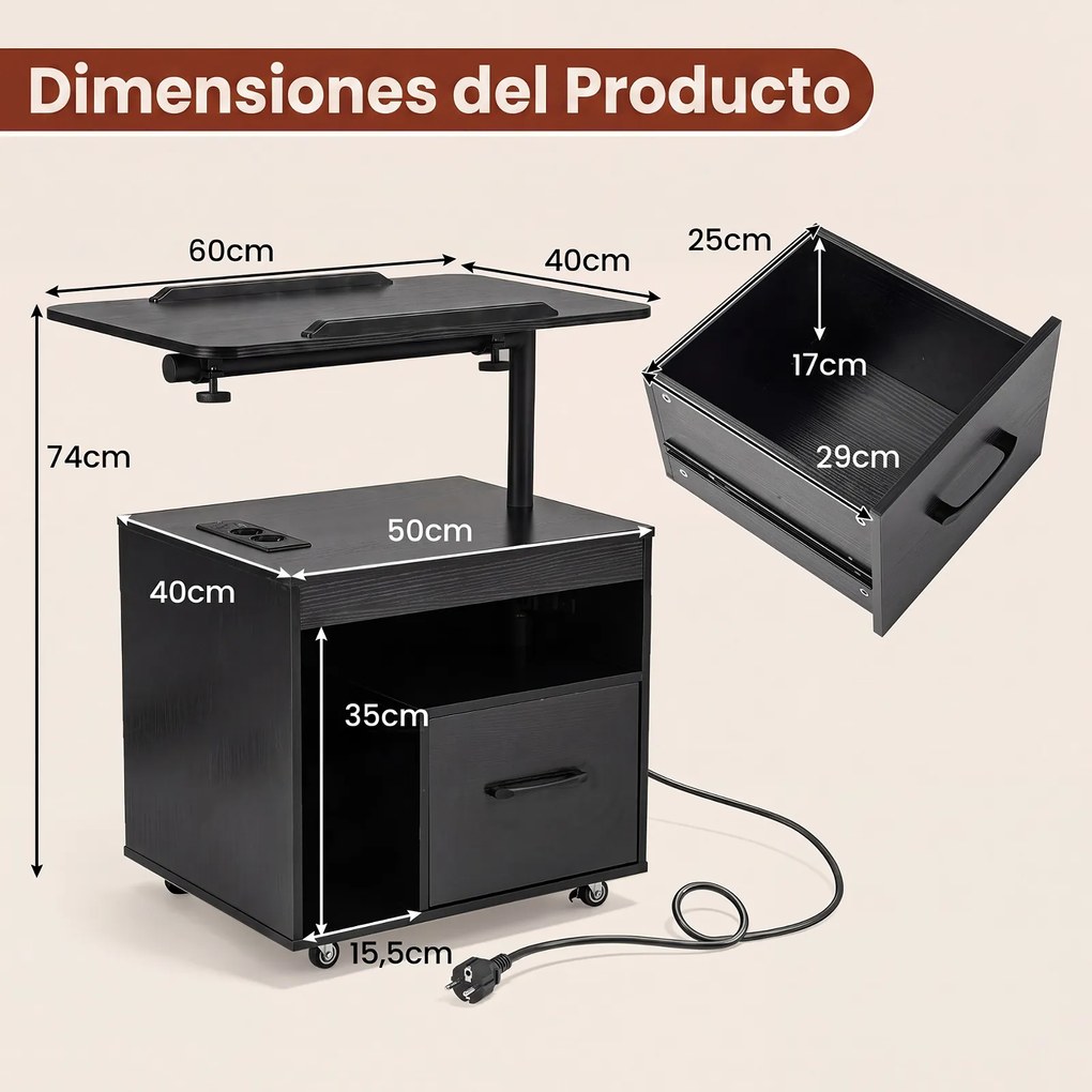 Mesa de Cabeceira com Rodas, 60 x 40 x 74 cm, Tampo Giratório e Rebatível, Preto
