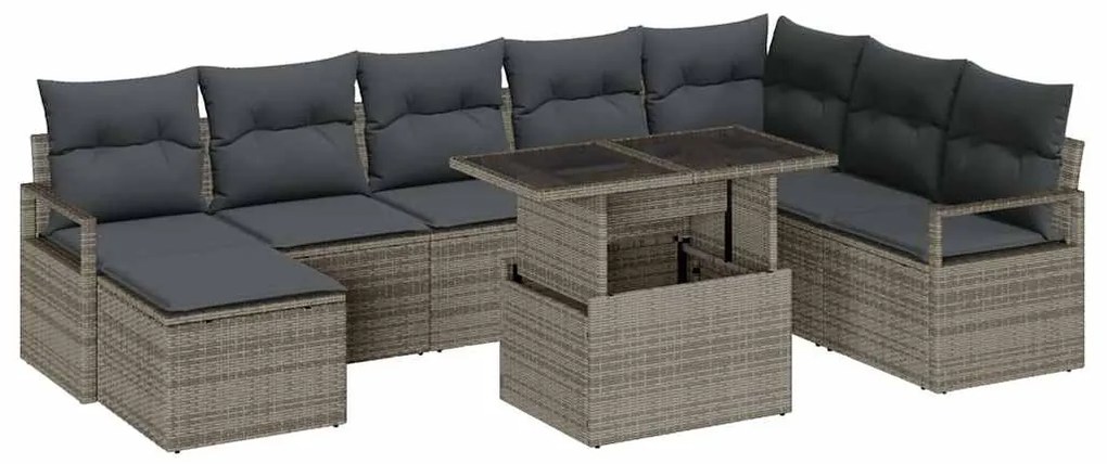 Conjunto de Sofá vidaXL 9 Peças com Almofadas Cinzento Rattan Poliéste