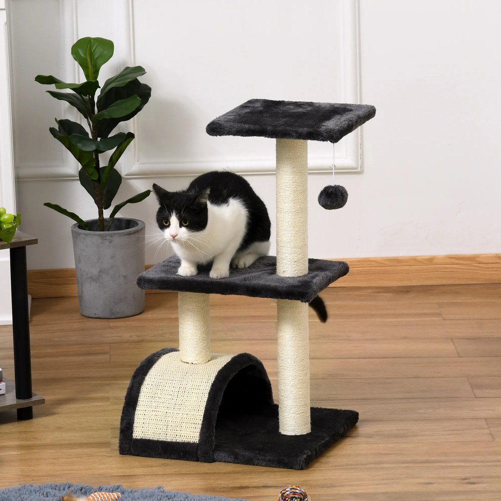 Arranhador para Gatos Médio de 3 Níveis  com Postes de Sisal Placa para Arranhar e Bola Suspensa 40x35x72 cm Cinzento Escuro