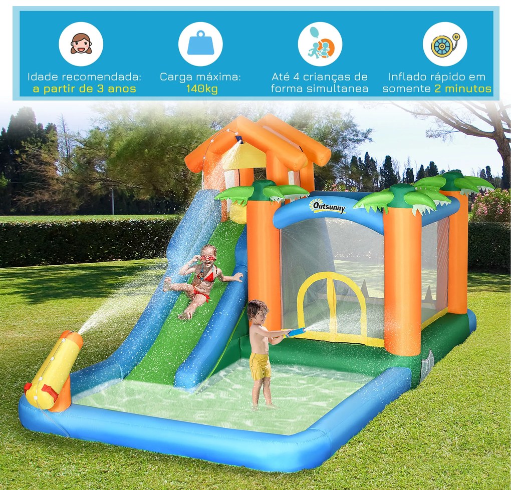 Outsunny Castelo Insuflável com Escorrega Trampolim Piscinas e Pistola de Água para Crianças acima de 3 Anos com Inflador e Bolsa de Transporte para Interior Exterior 550x285x260cm Multicor