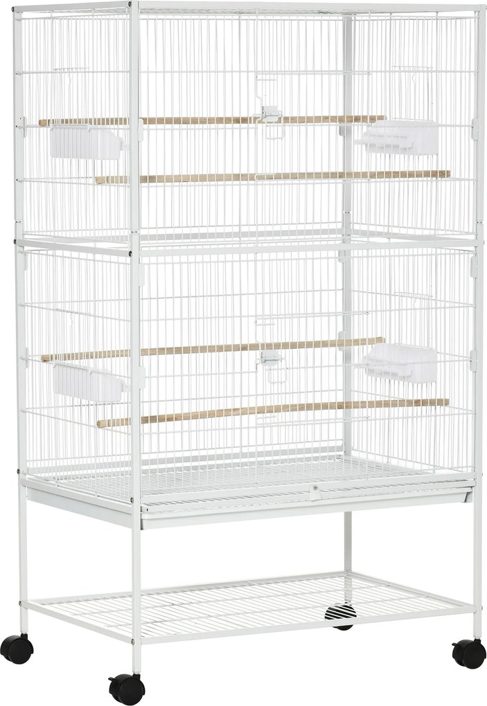 PawHut Gaiola para Pássaros com Rodas Bandeja Amovível 4 Portas Comedouros e Prateleira de Armazenamento 78x52x132cm Branco | Aosom Portugal