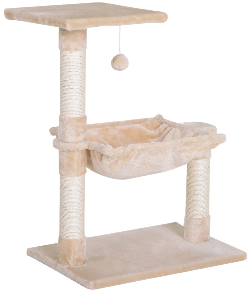 PawHut Árvore Arranhador para Gatos Torre para Gatos 50x36x70 cm com Rede Plataforma Poste de Sisal e Bola Suspensa Bege