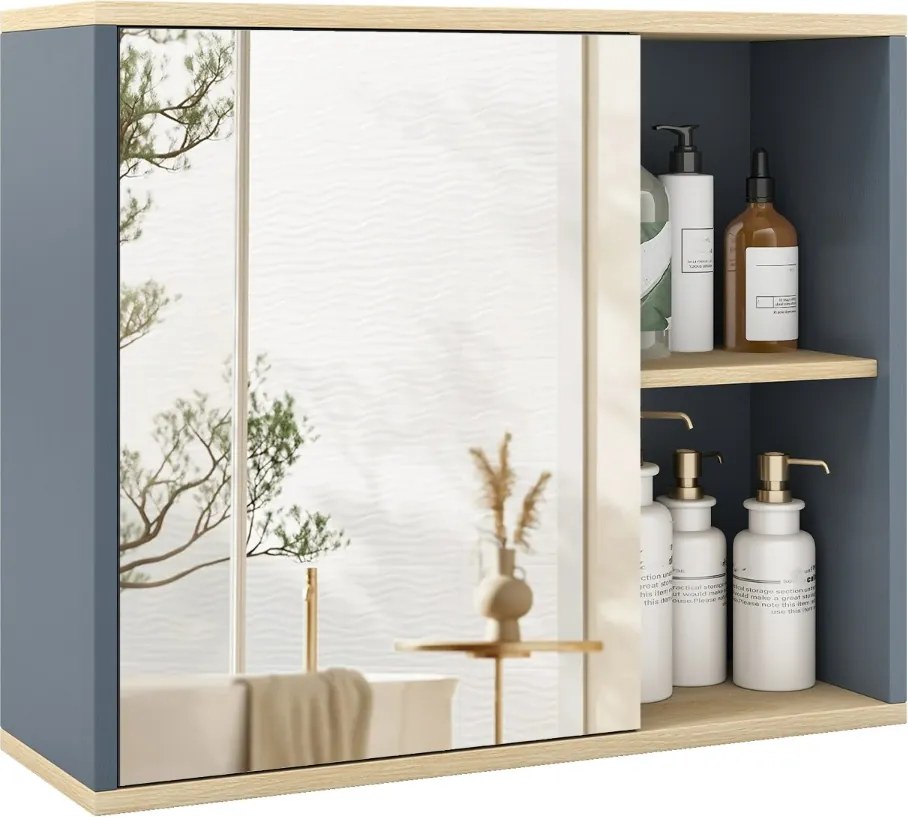 Armário de parede para medicamentos 60 x 20 x 50 cm com espelho de casa de banho de parede e compartimentos laterais Cinza