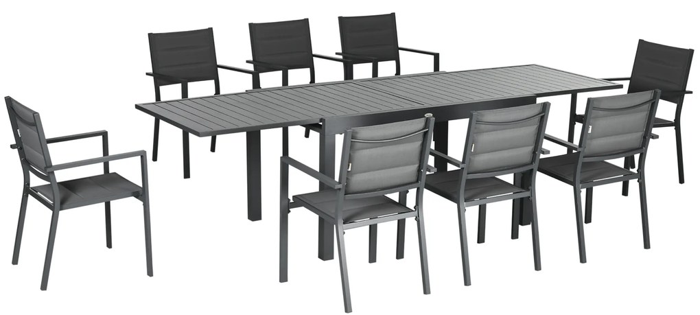 Outsunny Conjunto Móveis de Jardim 9 Peças Conjunto de Refeição para Varanda com Mesa Extensível 8 Cadeiras Empilháveis Estrutura de Alumínio e Assento de Textilene 135-270x89x74cm Cinza