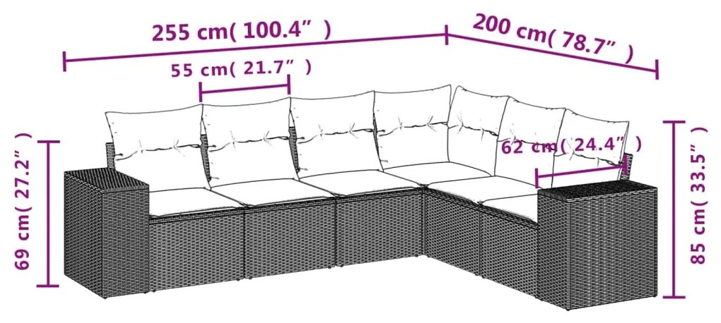 6 pcs conjunto sofás de jardim c/ almofadões vime PE preto