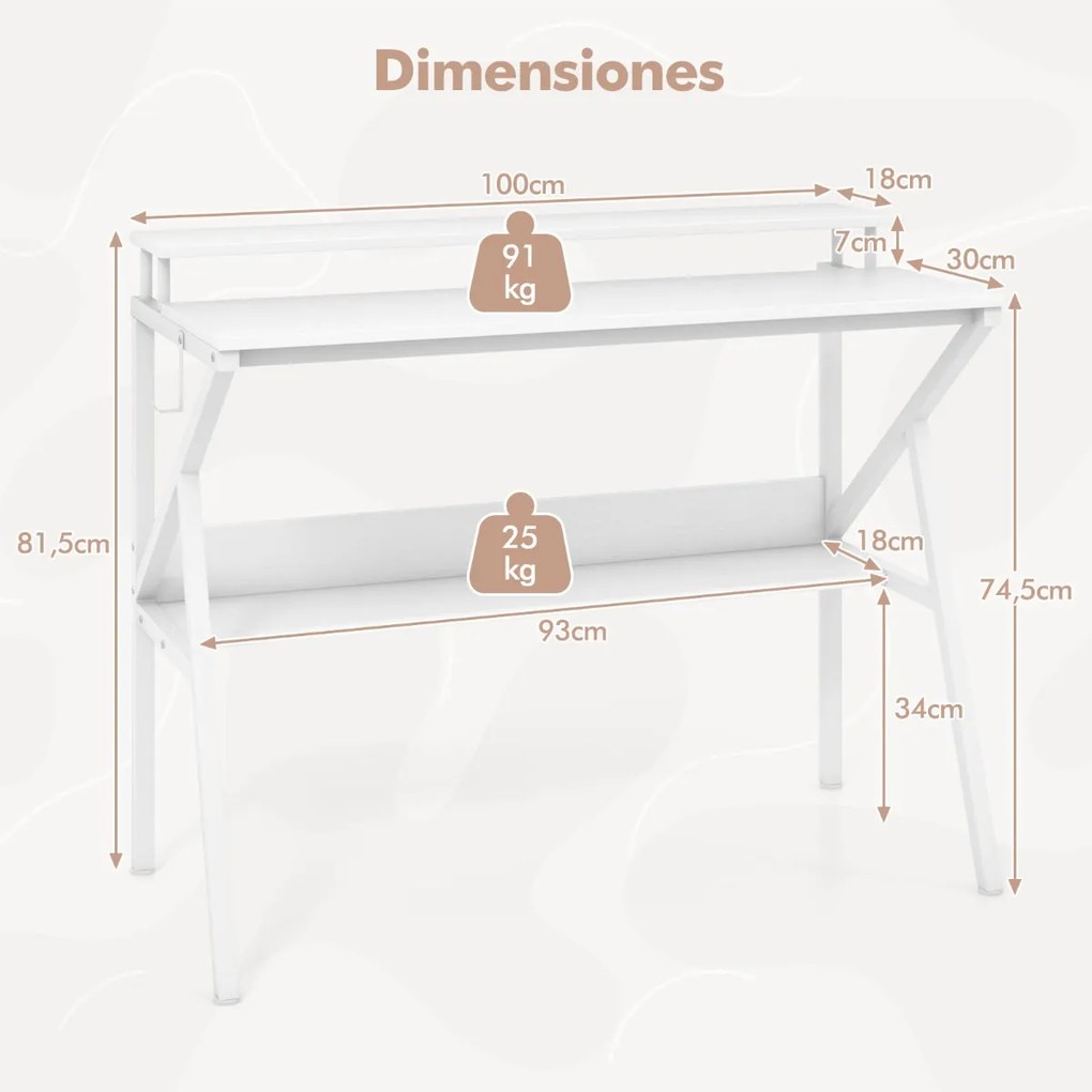 Secretária pequena com suporte para monitor, gancho suspenso e prateleira adicional 100 x 48 x 81,5 cm Branca