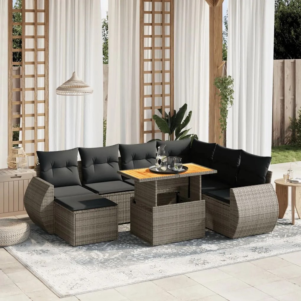 8 pcs conjunto sofás de jardim c/ almofadões vime PE cinzento