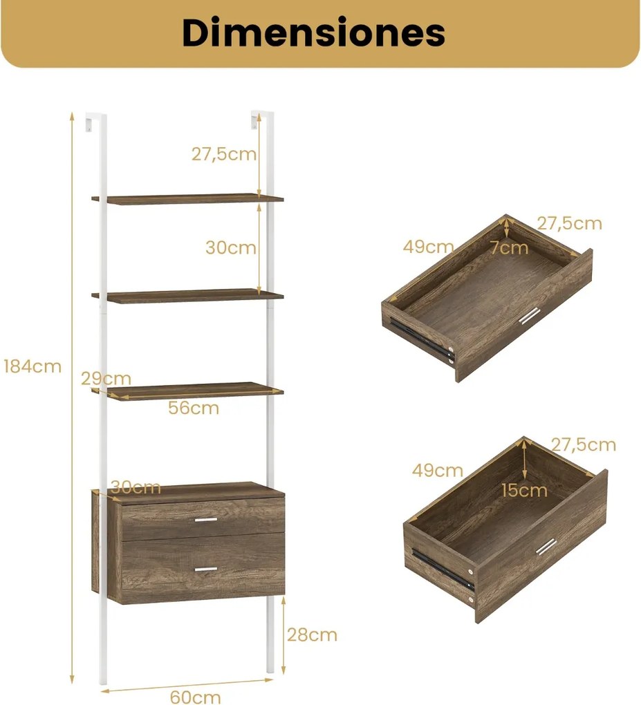 Estante de parede forma de escada com 2 gavetas com estrutura metálica Estante aberta de exposição 60 x 30 x 184 cm Branca