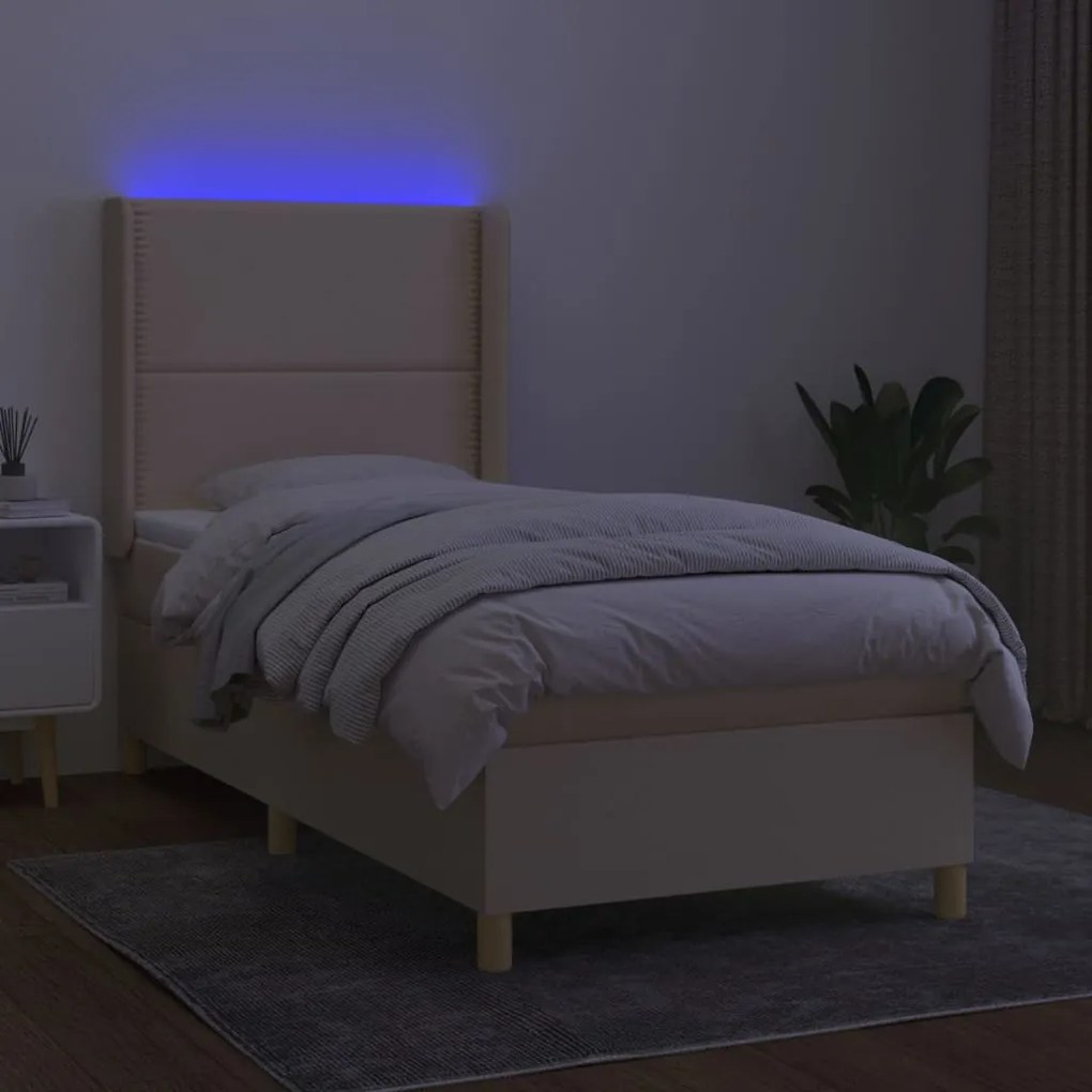 Cama box spring c/ colchão e LED 90x200 cm tecido cor creme