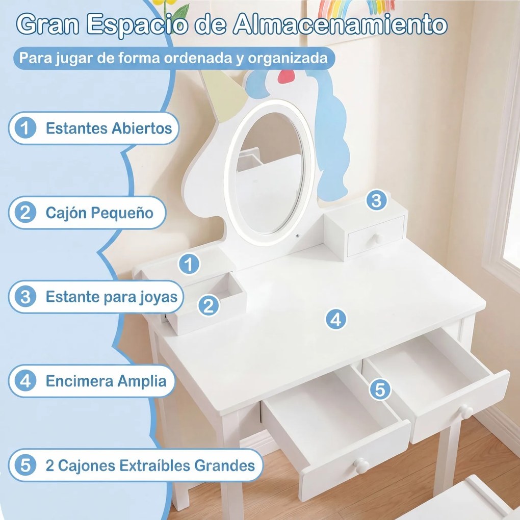 Toucador Infantil com Espelho de Unicórnio e Cadeira, 59 x 35 x 103,5 cm, Espelho LED Ajustável, Branco