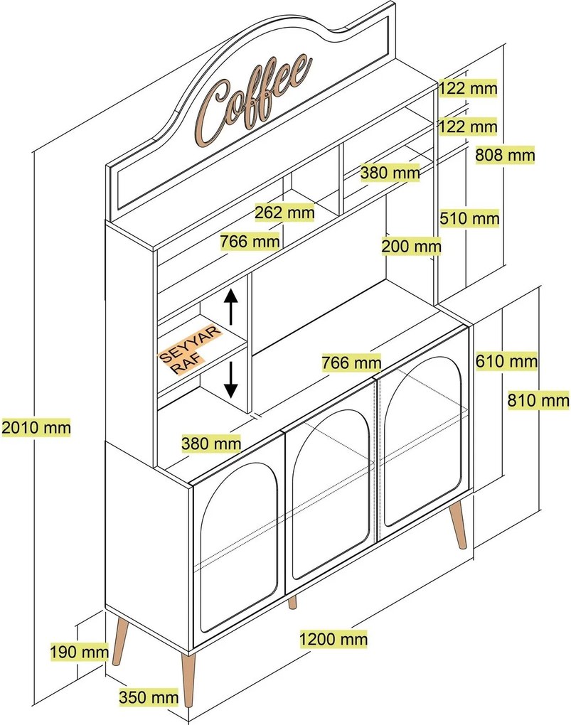 Armário Alto de Cozinha "Coffee" - 200x120x35 cm - Atlas e Dourado - D
