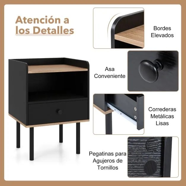 Conjunto de 2 mesas de cabeceira 40,5 x 35 x 56 cm com gaveta e prateleira aberta, pernas de metal, mesa auxiliar compacta para sala ou quarto, preta