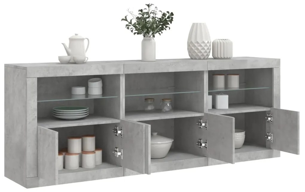 Aparador com luzes LED 181,5x37x67 cm cinzento cimento