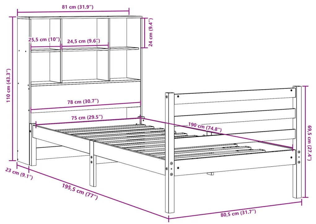 Cama com estante sem colchão 75x190 cm pinho maciço branco