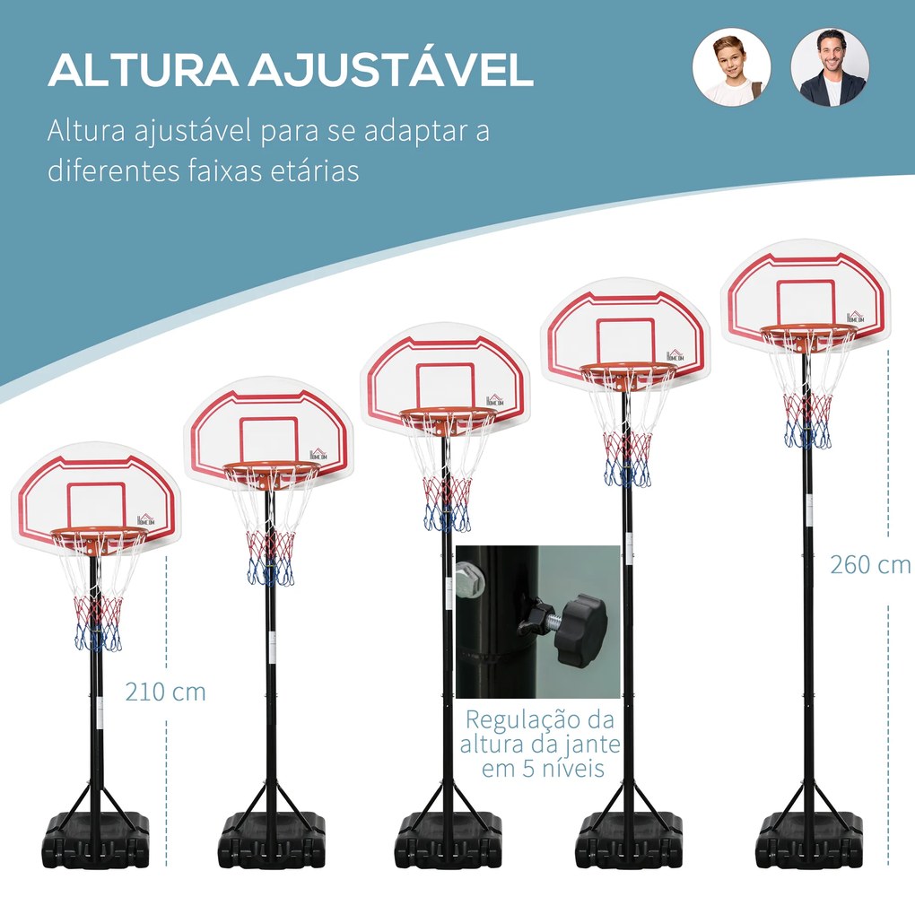 Cesto de Basquetebol para Exterior com Altura Ajustável 258x314 cm com Rodas Base Recaregável Preto e Vermelho
