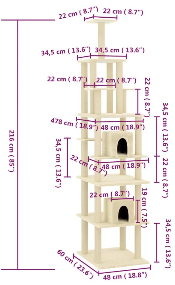 Árvore para gatos c/ postes arranhadores sisal 216 cm cor creme