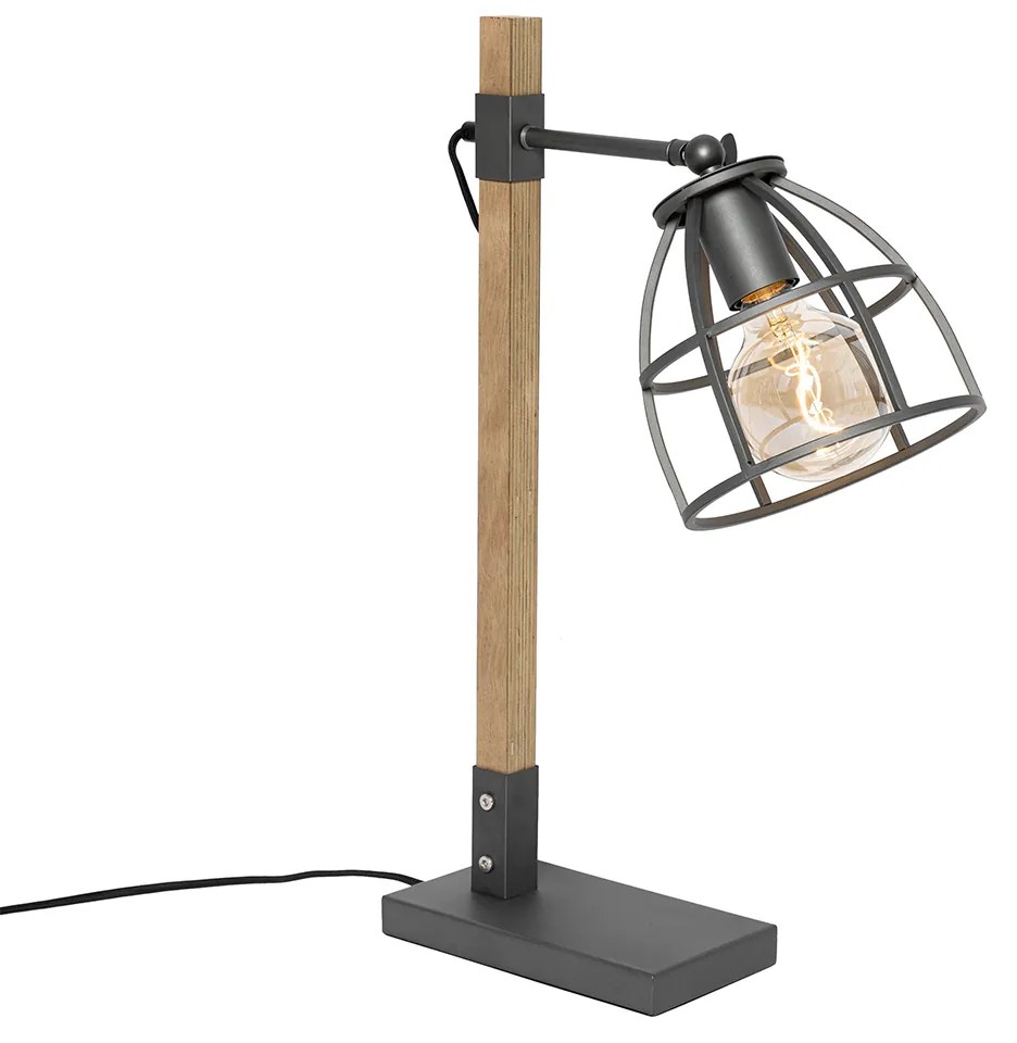 Candeeiro de mesa industrial cinzento escuro com madeira - Arthur Industrial
