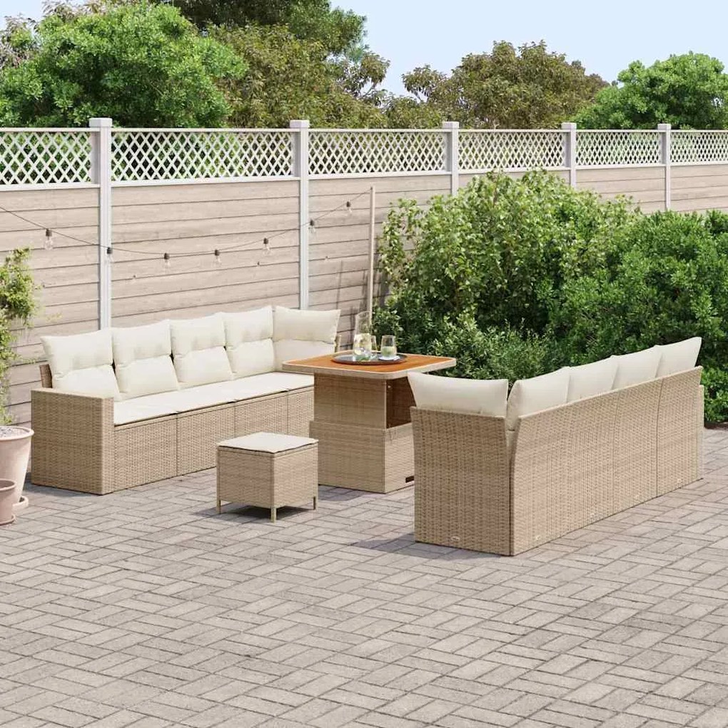 Conjunto de Sofás de Jardim de 11 Peças com Almofadas Bege Rattan Poli