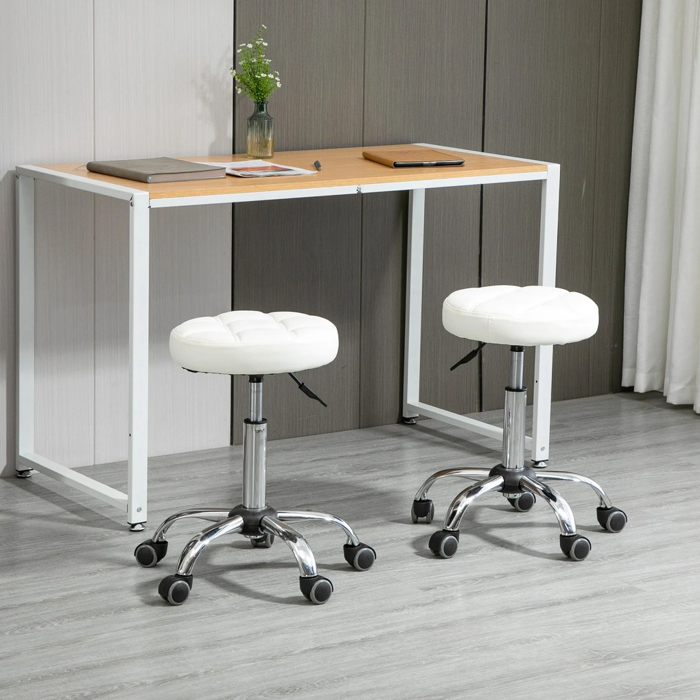 HOMCOM Banco Giratório com Rodas Altura Ajustável entre 48-63cm Banco de Trabalho Estofado em Couro PU para Salão Dentista Diâmetro Ø35,5cm Branco