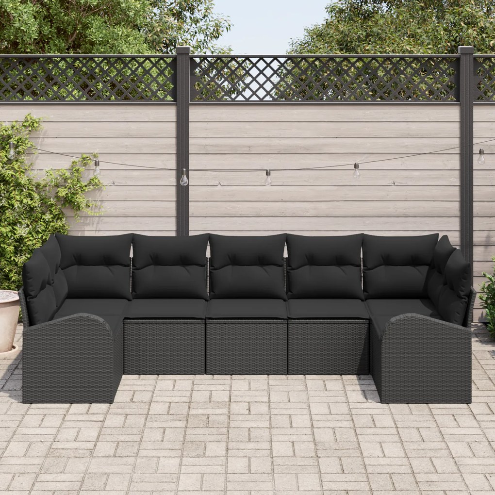 Conjunto de Sofá de Jardim vidaXL 7 Peças com Almofadas Preto Rattan P