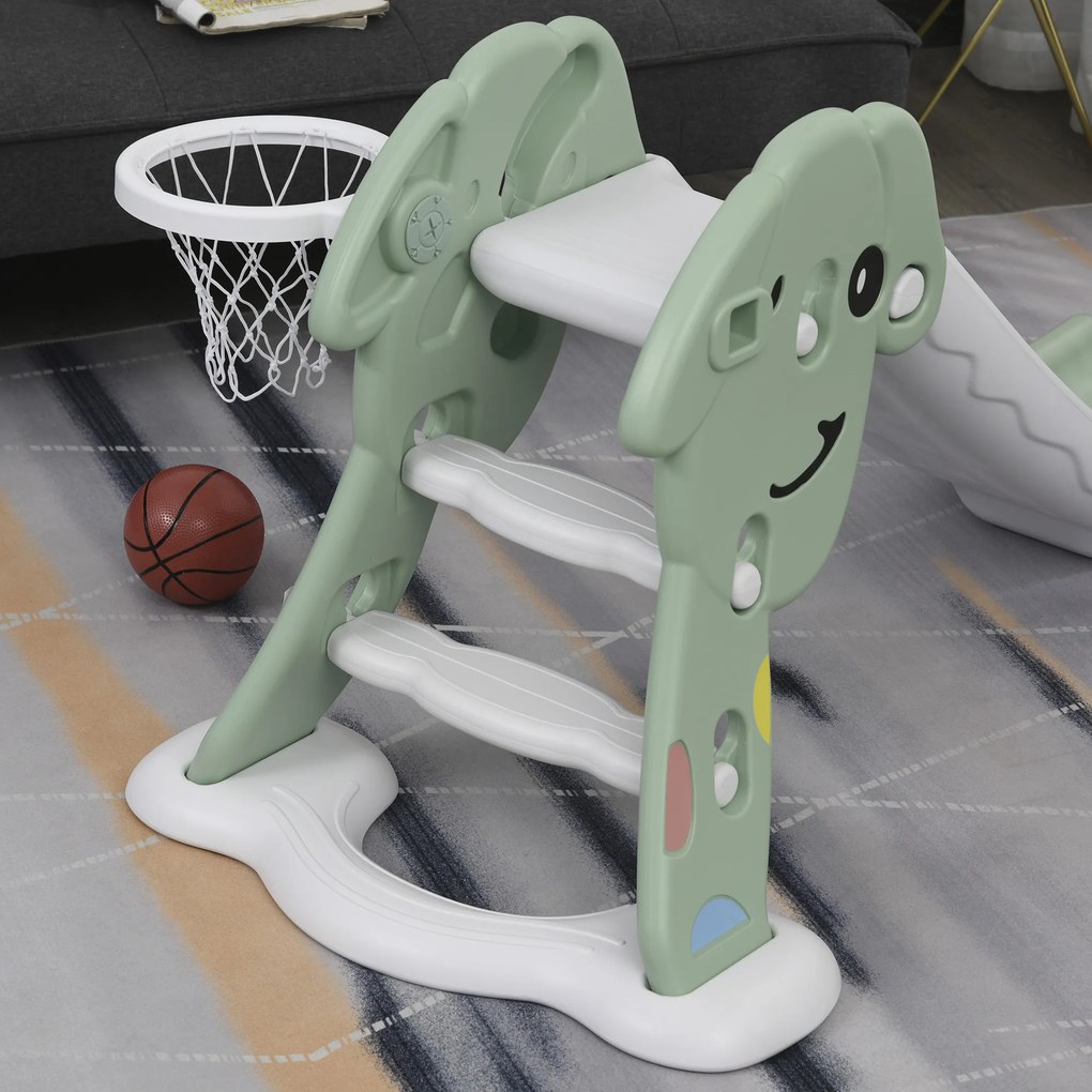 Escorrega infantil para crianças acima de 2 anos com cesta de basquete Interior e exterior carga 25 kg Acessórios incluídos 160x35x68 cm Verde e