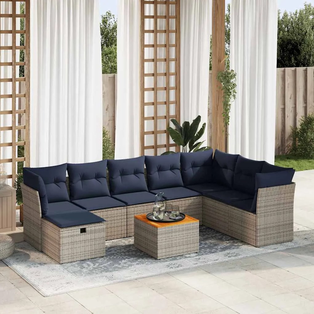 9 pcs conjunto sofás p/ jardim com almofadões vime PE cinzento