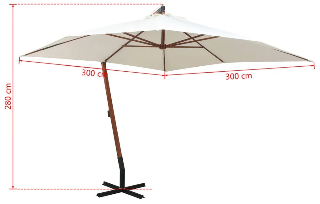 Guarda-sol suspenso com mastro de madeira 300x300 cm branco