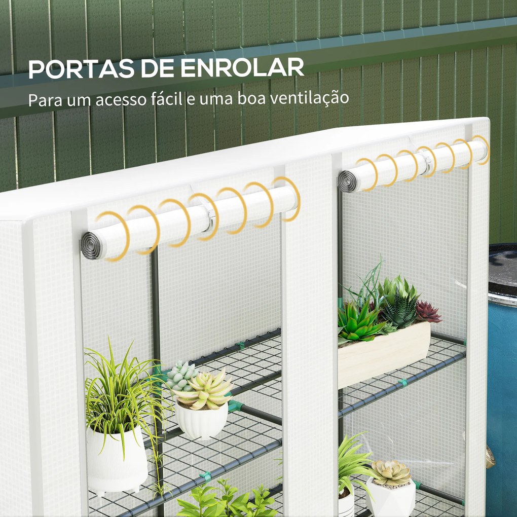 Estufa de Exterior Pequena com 3 Prateleiras 2 Portas de Enrolar Capa de PE e Estrutura de Aço 144x48x152 cm Branco