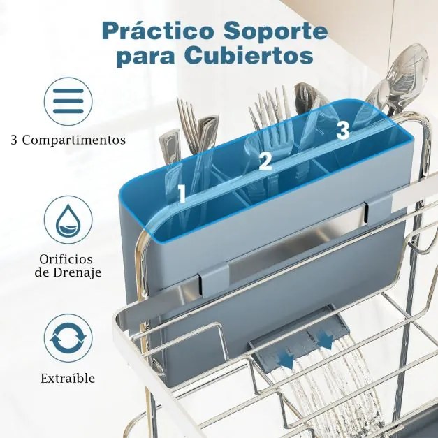 Escorredor de pratos em aço inoxidável de 2 níveis com suporte para louça, pratos, tigelas, copos, tábuas de cortar e organizador de utensílios cinza