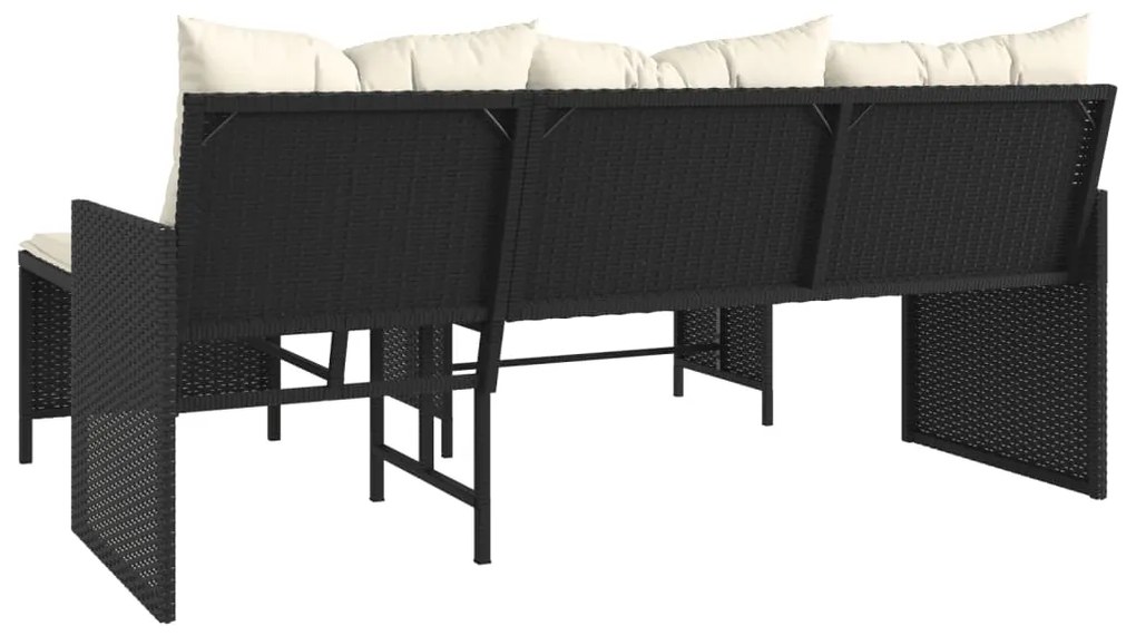 Sofá de jardim em forma de L c/ mesa e almofadões vime PE preto