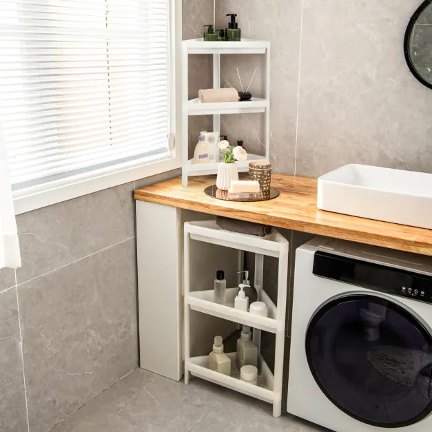 2 Prateleiras de canto removíveis para chuveiro de piso de 3 camadas para banheiro 33 x 33 x 70 cm branco
