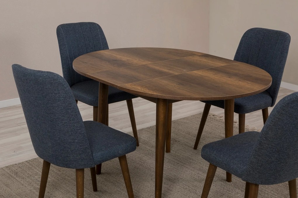 Conjunto de Mesa de Jantar Extensível Vina – Nogueira e Azul Marinho –