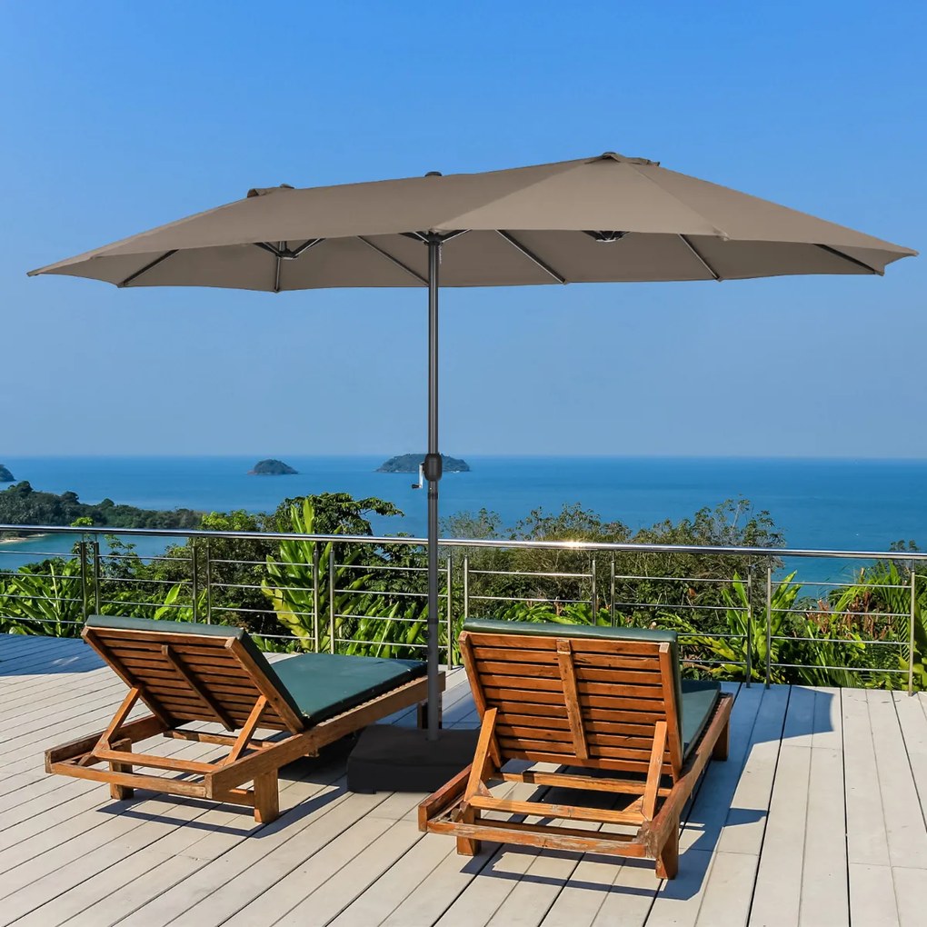 Guarda-sol duplo jardim 4,6 x 2,7 m com manivela e Base areia Estrutura com 12 varetas para jardim Café