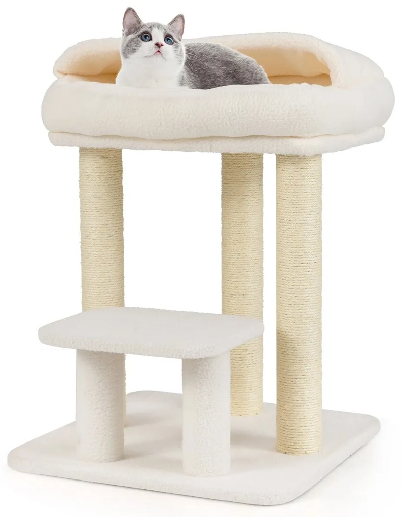 Arranhador para gatos com cama acolchoada, plataforma de salto e postes de sisal para arranhar para espaços pequenos 47,5 x 47,5 x 61 cm Branco