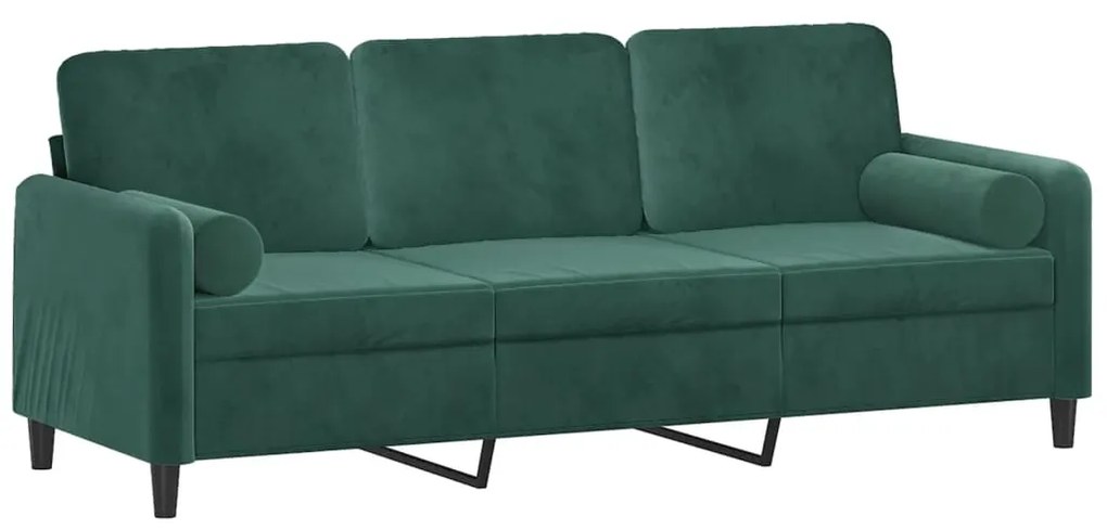 Sofá 3 lug. c/ almofadas decorativas 180 cm veludo verde-escuro