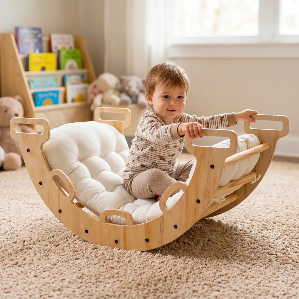 Arco de escalada 3 em 1 bebés Montessori em madeira com almofada e baloiço para interior, a partir de 1 ano, 81 x 48,5 x 38,5 cm, natural