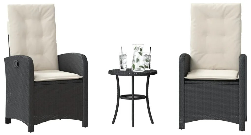 vidaXL 3 pcs conjunto de bistrô com almofadões vime PE preto