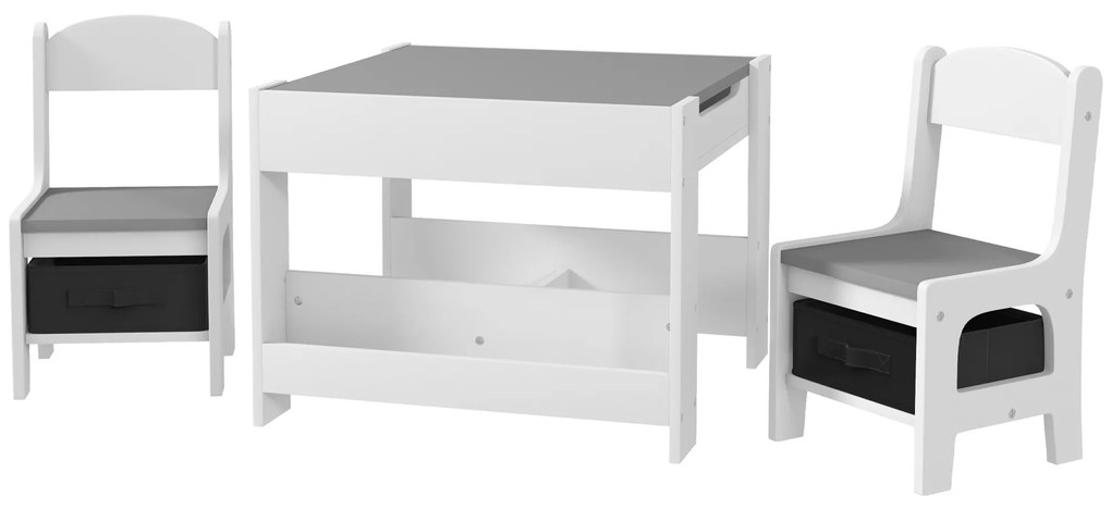 Conjunto de Mesa e 2 Cadeiras Infantis 2 em 1 com Ardósia Gavetas de Tecido e Espaço de Armazenamento para Quarto Cinza