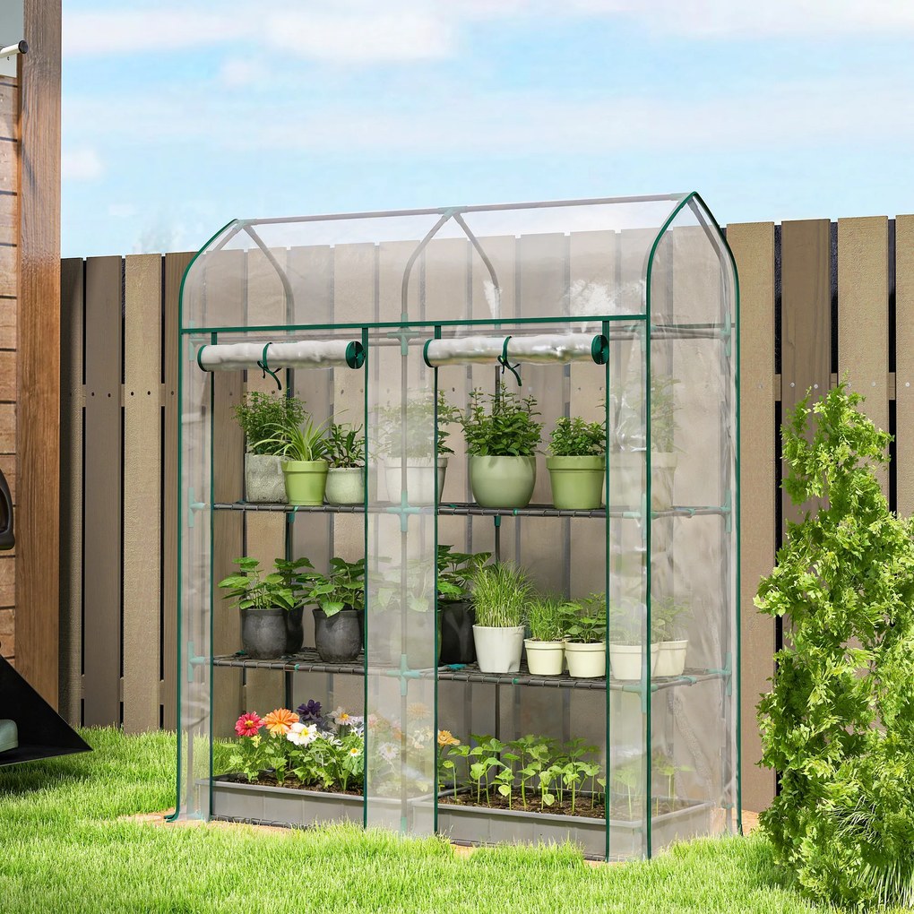 Estufa Pequena de 3 Níveis 2 Portas Enroláveis Estrutura de Aço Cobertura de Plástico 143x46x165 cm Transparente