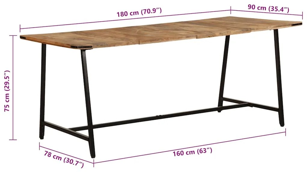Mesa de jantar 180x90x75 cm madeira de mangueira maciça
