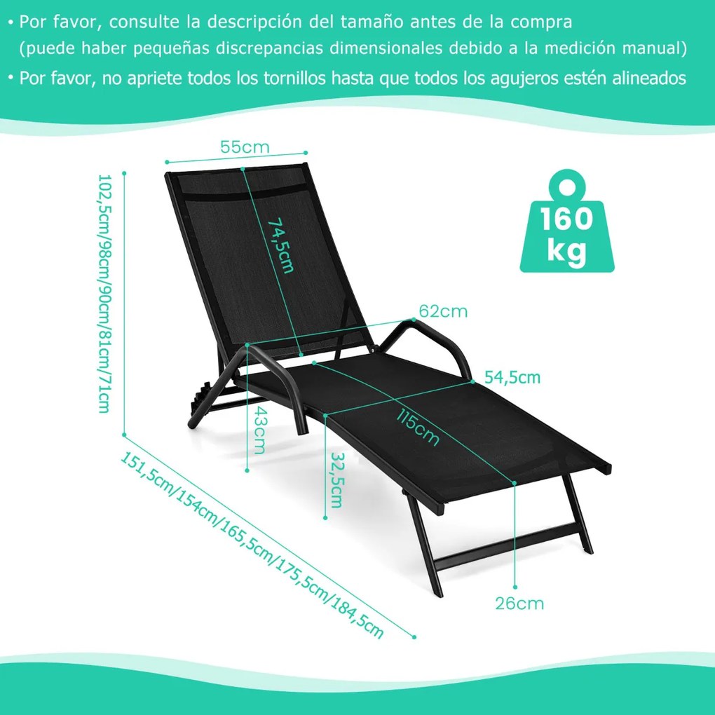 Conjunto de 2 espreguiçadeiras de jardim Reclináveis Ajustáveis em 5 Posições Assento Respirável para Pátio Jardim Piscina Preto