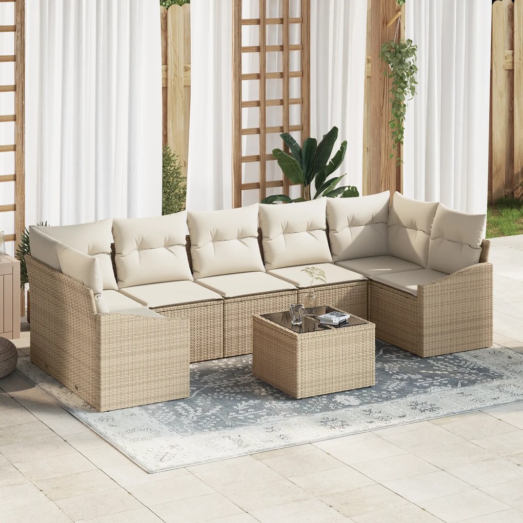 Conjunto de Sofá de Jardim de 8 Peças com Almofadas Bege Polirattan