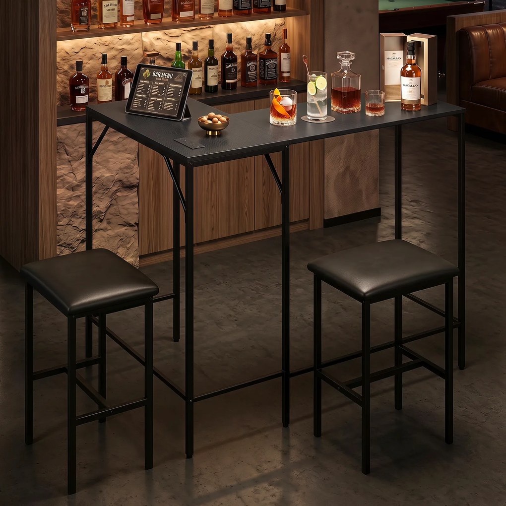 Conjunto de Mesa de Bar e 2 Cadeiras, 120 x 80 x 98 cm, Estação de Carregamento Integrada, Preto