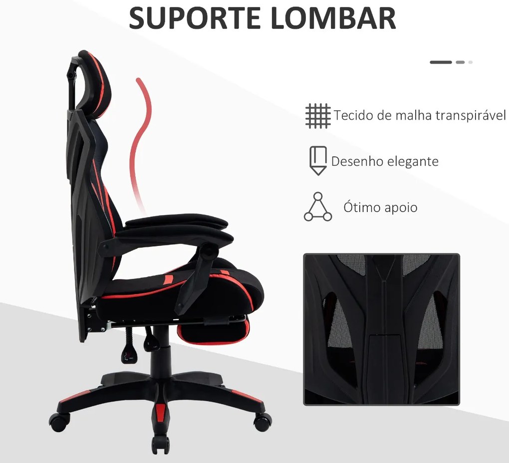 Cadeira de Gaming com Apoio para os Pés Retrátil Cadeira de Escritório Reclinável com Apoio para a Cabeça e Altura Ajustável 65x65x119-129cm Preto e V