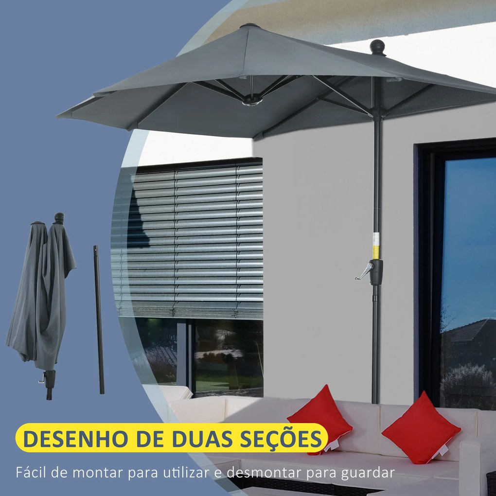 Chapéu de Sol de Parede com Manivela Mastro de Aço Base Cruzada 190x200x240 cm Cinza