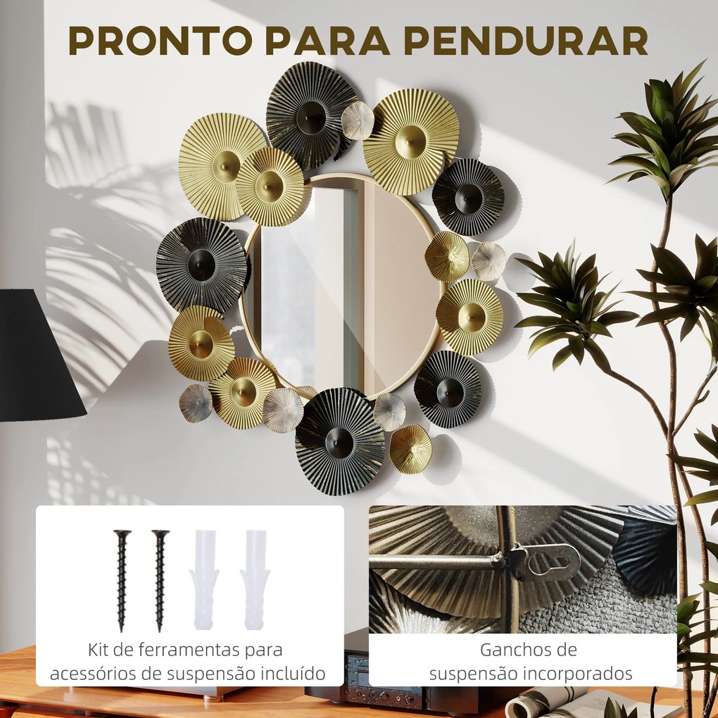Espelho Decorativo de Parede Metálico para Sala Quarto Corredor 84x84 cm Dourado e Preto