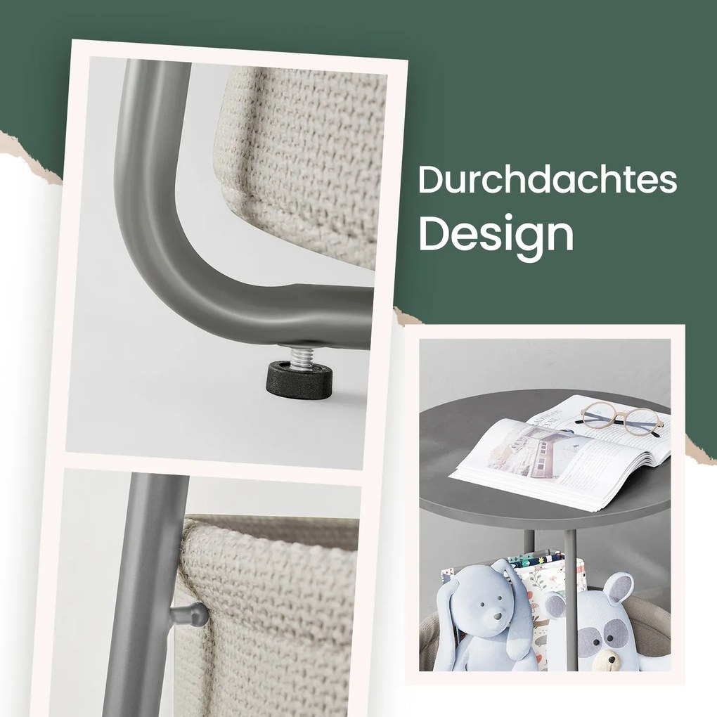 Mesa auxiliar redonda com cesto em tecido 45 x 50 cm cinza cimento + branco creme