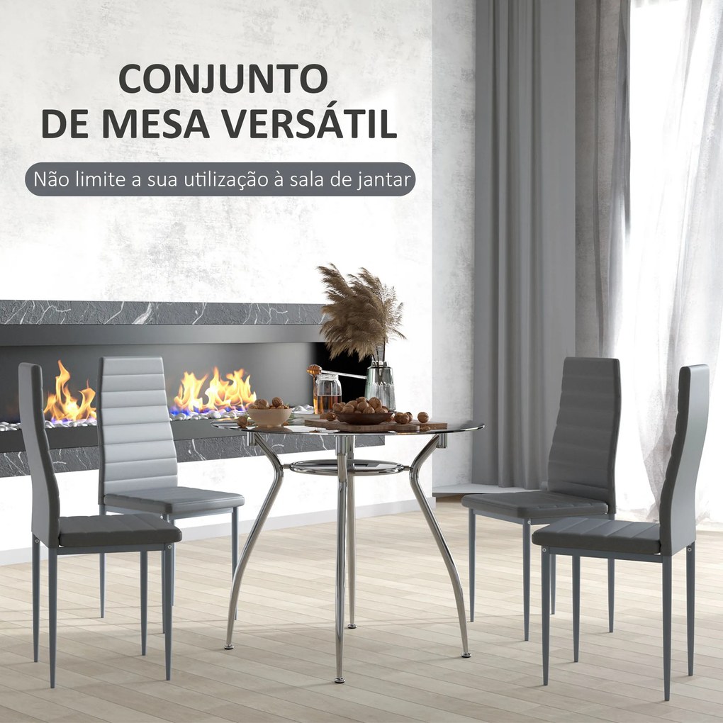 Conjunto de Refeição Conjunto de 5 Peças Mesa Redonda de Vidro Temperado Ø90x75 cm e 4 Cadeiras 42x52x96 cm Cinza