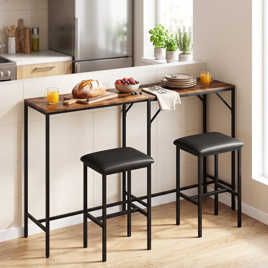 Conjunto de Mesa de Bar e 2 Cadeiras, 120 x 80 x 98 cm, Estação de Carregamento Integrada, Castanho